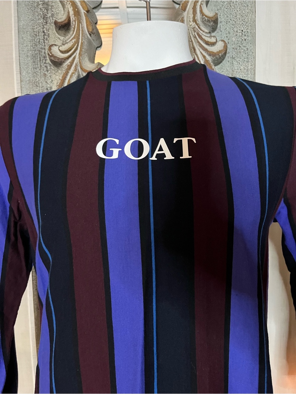 Fashion Nova Men’s Long-Sleeve Striped Crewneck — Black, Purple & Burgundy